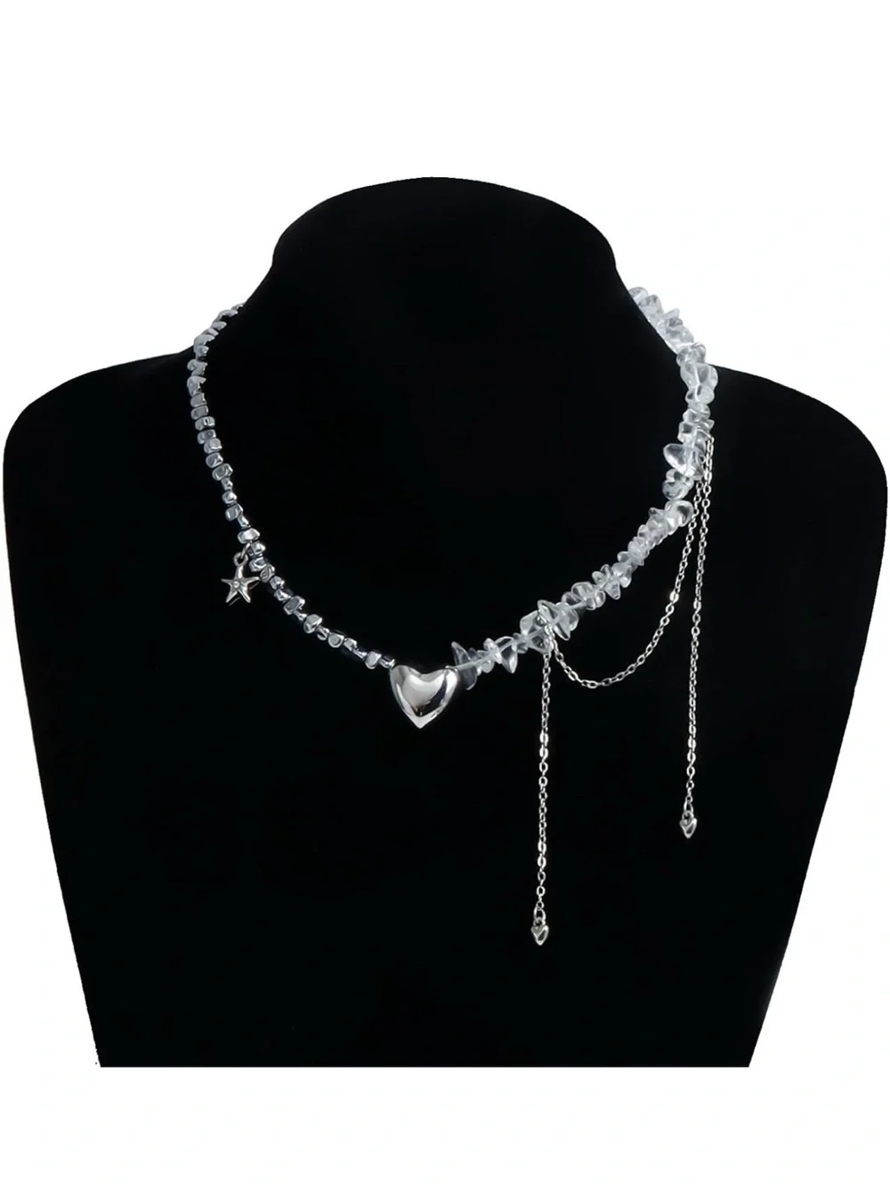 Silver Heart & Clear Crystal Double Strand Choker Necklace